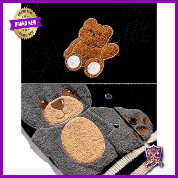 Loose Fit Cardigan Sweater with Bear Embroidery, Button Front, Long Sleeve - Picture 4 of 6